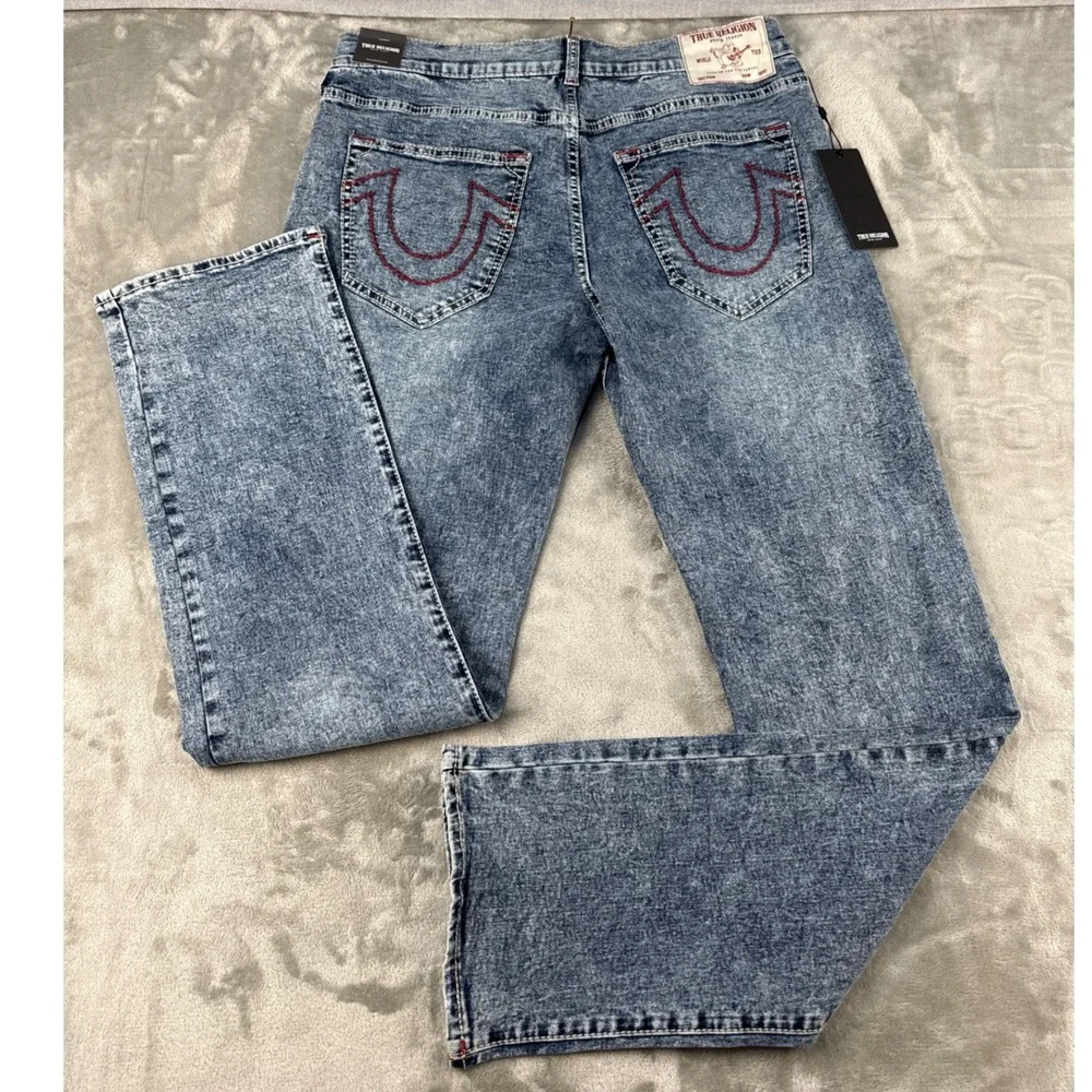 True Religion Jeans Mens 34 Ricky Big T NF Blue Acid Wash Red Stitch NEW